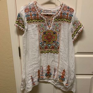 Johnny Was white with multi colored embroidered tunic